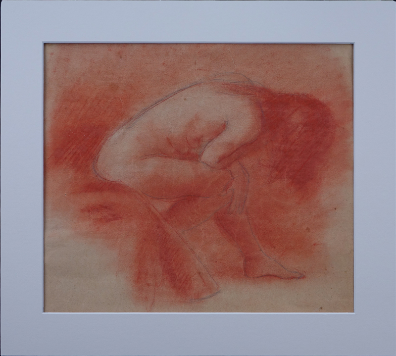 1930's French School Pencil and Red Chalk on Buff Paper "Seated Nude". Unsigned. Small tears.