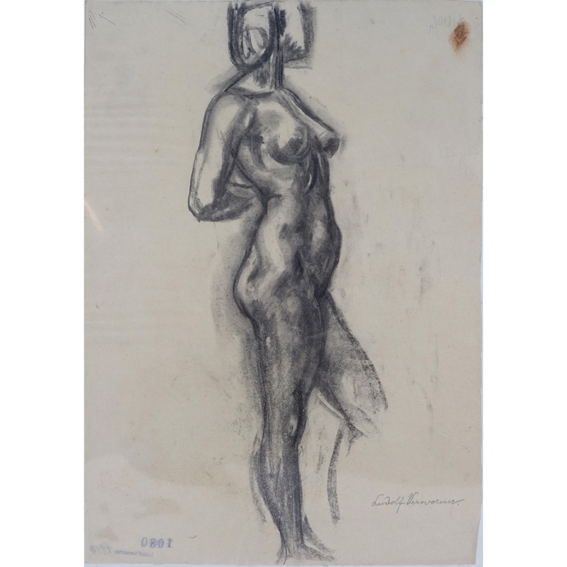 Ludolf Verworner, German (1867 - 1927) Charcoal on paper "Female Nude" Signed lower right.