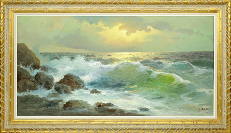 Giuseppe Rossi, Italian  (1876 - 1952) Oil on Canvas "Marine" Signed Lower Right. Label affixed on obverse side.