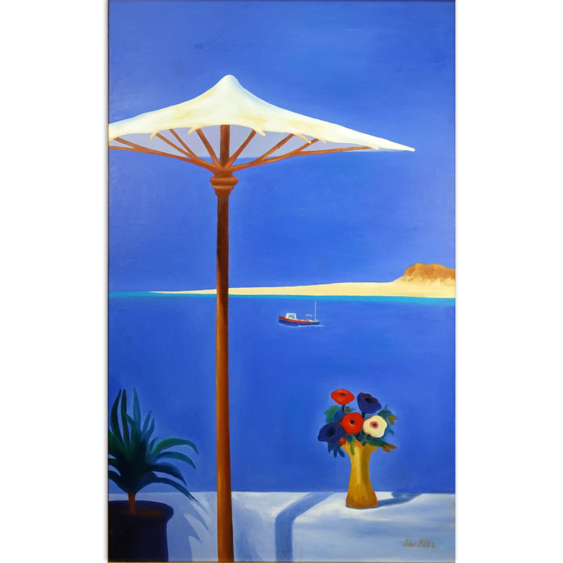 After: John Miller, British (1931-2002) Oil on Canvas, Terrace with Sun Umbrella. Bears signature lower right.