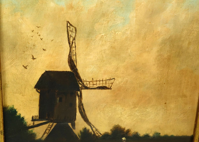 Antique Oil on Canvas, Windmill at Sunset, Unsigned. Fading and yellowing to canvas otherwise good condition.