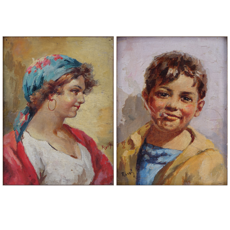 Pair of Italian Oil on Board Paintings, Young Boy and Girl, Signed Rossi. Craquelure to paint otherwise good condition. 