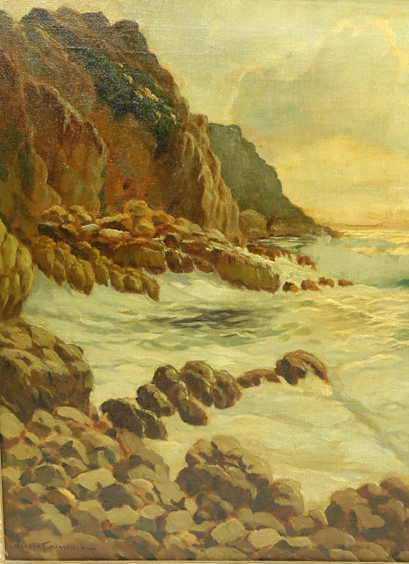 Warren Mansfield, American  (20th century) Oil on Canvas "Rocky Coast" Signed Lower Left. Copyright mark en verso. 