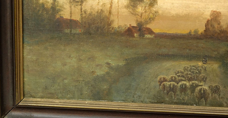 J.L. Albert (20th C.) Oil on Board "Shepherd Leading  Flock of Sheep" Signed and Dated 1928 Lower Left.  