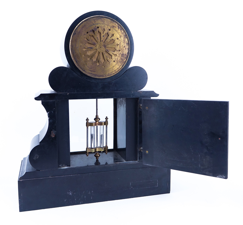 Antique Lebret French Empire Style Black Slate Clock Garniture Set. A Lebret Paris Inscribed on dial, visual escapement and roman numerals, key included. 