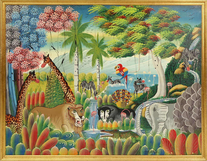 Contemporary Haitian Acrylic On Canvas "Jungle Scene" Signed lower right Jacky ____. Good condition.