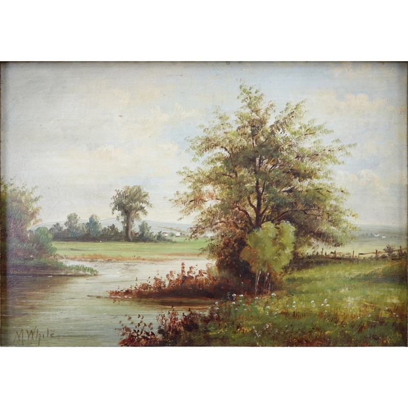 Possibly: Mazie Julia Barkley White, American  (1871 - 1934) Oil on board "River Landscape". Signed lower left M. White.