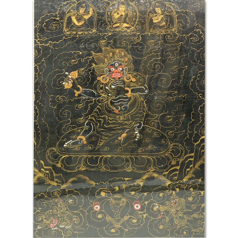 19/20th Century Tibetan Thangka Gouache Painting on Silk. Depicts an image of Vajrapani. Toning and discoloration.