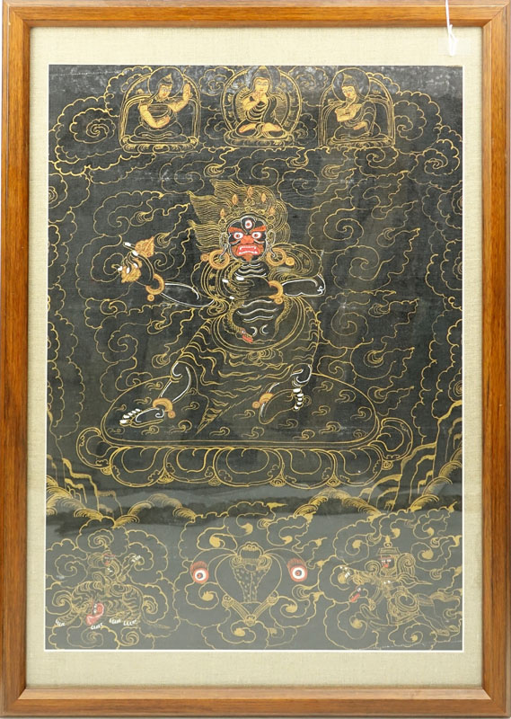 19/20th Century Tibetan Thangka Gouache Painting on Silk. Depicts an image of Vajrapani. Toning and discoloration.