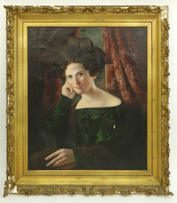 19th Century American School Portrait of a Young Woman Oil Painting. Unsigned, inscribed repainted by C. Murdoch en verso. 