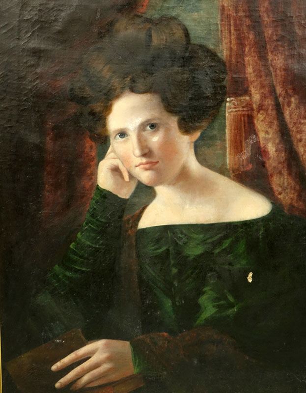 19th Century American School Portrait of a Young Woman Oil Painting. Unsigned, inscribed repainted by C. Murdoch en verso. 