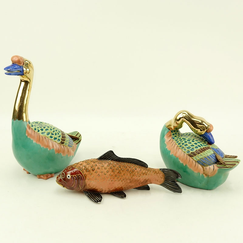 Three (3) 20th Century Japanese Moriage Pottery Figures. Includes: two geese figures (both stamped) and a koi fish.