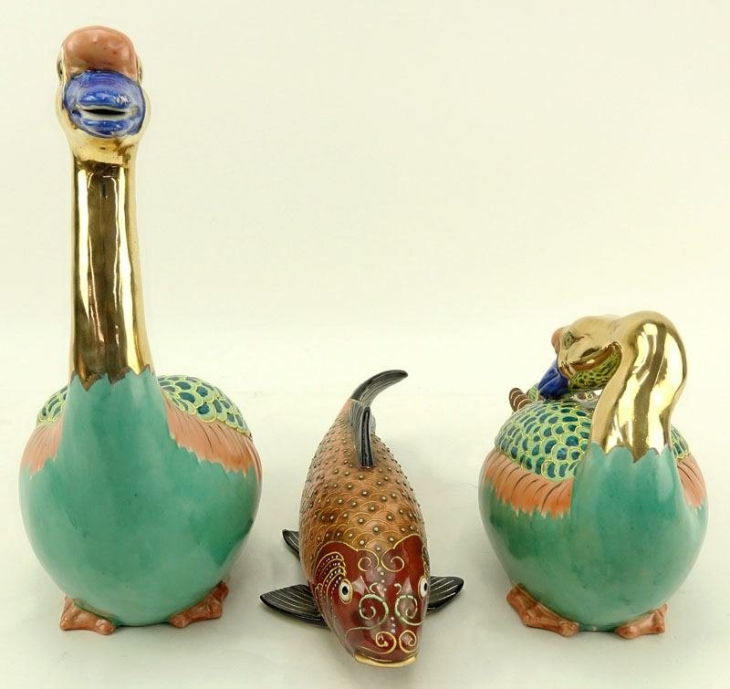 Three (3) 20th Century Japanese Moriage Pottery Figures. Includes: two geese figures (both stamped) and a koi fish.