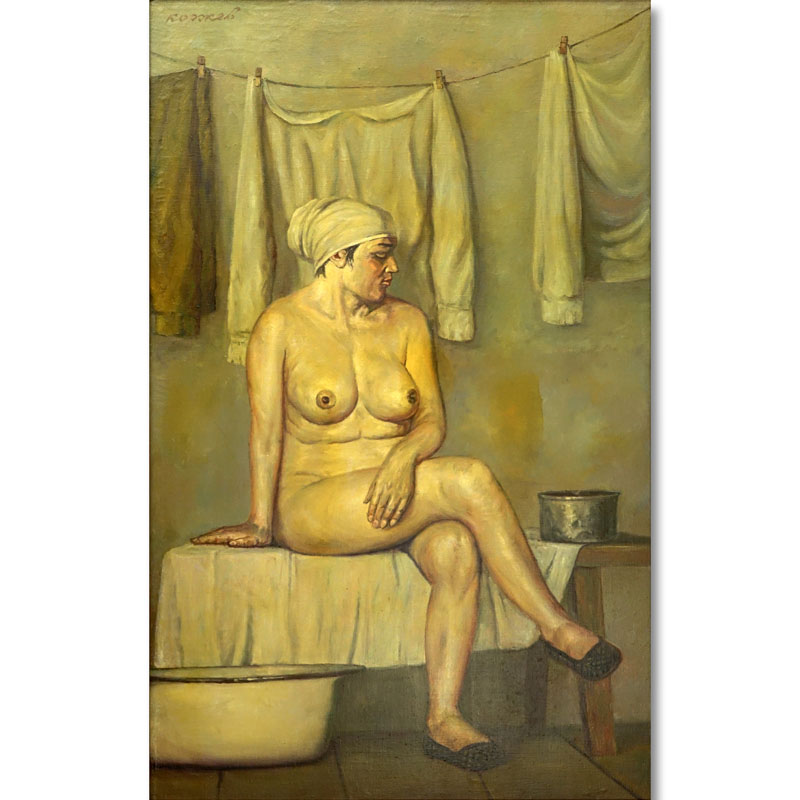Attributed to: Geli Korzhev, Russian (1925 - 2012) Oil on Canvas, Nude Study: Woman Sitting in Bathroom, Signed Top Left.
