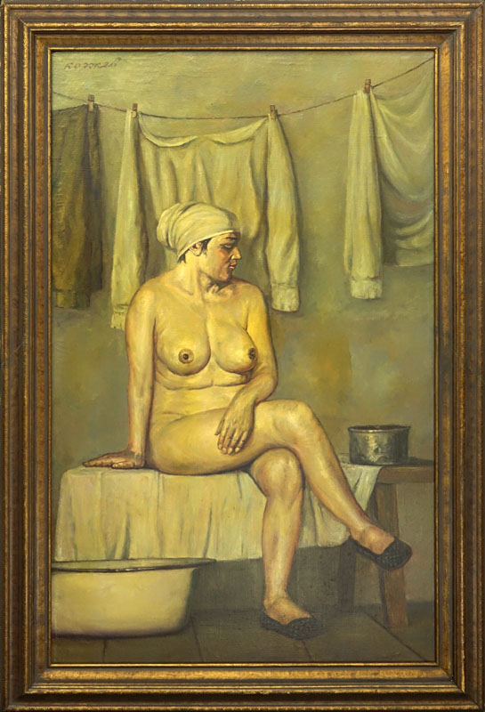 Attributed to: Geli Korzhev, Russian (1925 - 2012) Oil on Canvas, Nude Study: Woman Sitting in Bathroom, Signed Top Left.