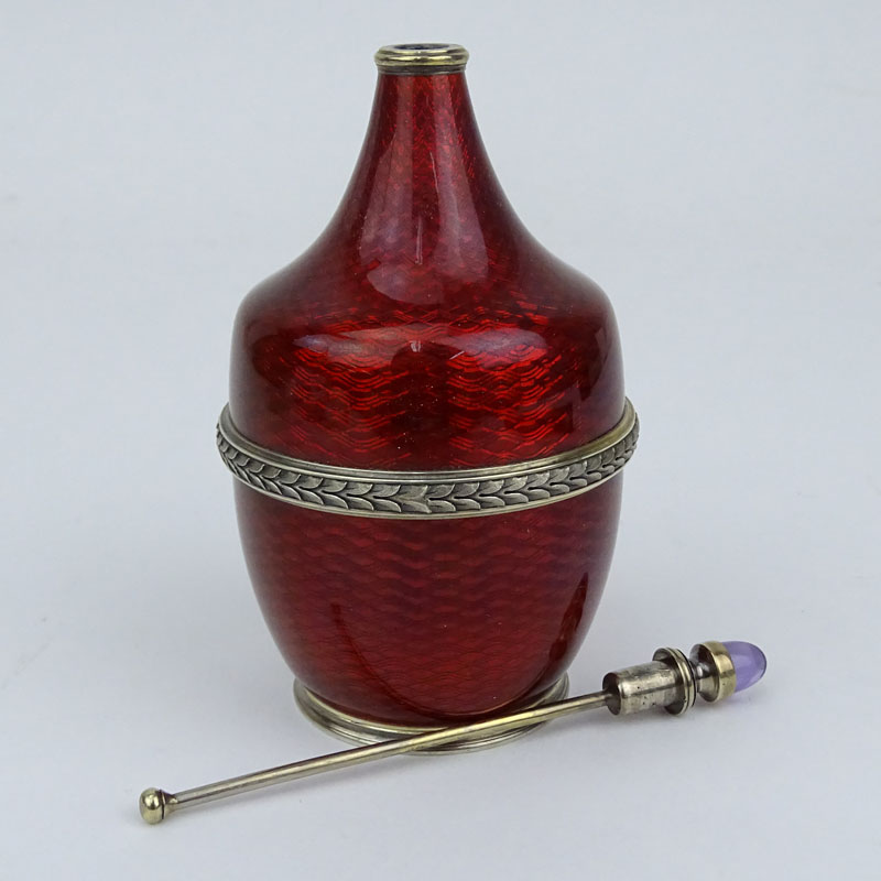 Fine Russian Faberge 88 Silver and Guilloche Enamel Perfume Bottle with Cabochon Amethyst Accent.