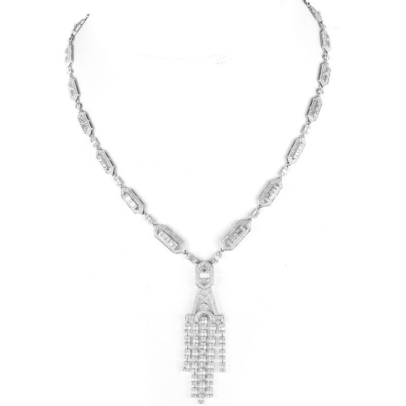 Art Deco style Approx. 10.0 Carat Round Brilliant and Baguette Cut Diamond and 18 Karat White Gold Tassel Pendant Necklace.