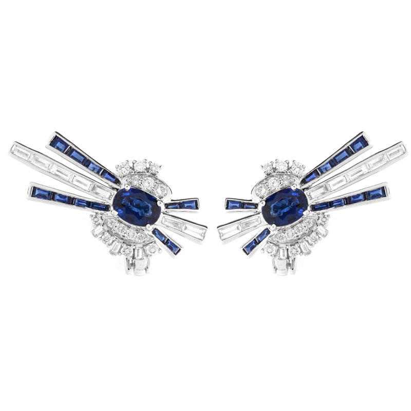 Approx. 3.60 Carat Oval and Baguette Cut Sapphire, 1.40 Carat Round Brilliant and Baguette Cut Diamond and Platinum Earrings.
