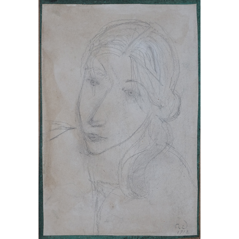 Attributed to: Andre Derain, French (1880-1954) Pencil on paper laid down on cardboard "Female Portrait" Initialed AD 1912 lower right.