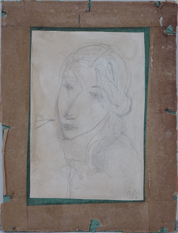 Attributed to: Andre Derain, French (1880-1954) Pencil on paper laid down on cardboard "Female Portrait" Initialed AD 1912 lower right.