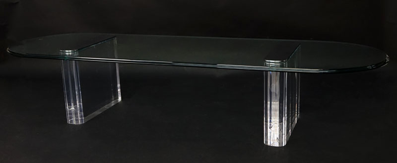 Vintage Lucite, Chrome and Glass Coffee Table Attributed to Pace. Good condition. Measures 15-1/4" H x 76-1/2" W x 23-1/2" Depth. 