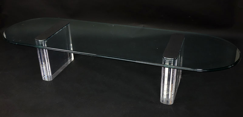 Vintage Lucite, Chrome and Glass Coffee Table Attributed to Pace. Good condition. Measures 15-1/4" H x 76-1/2" W x 23-1/2" Depth. 