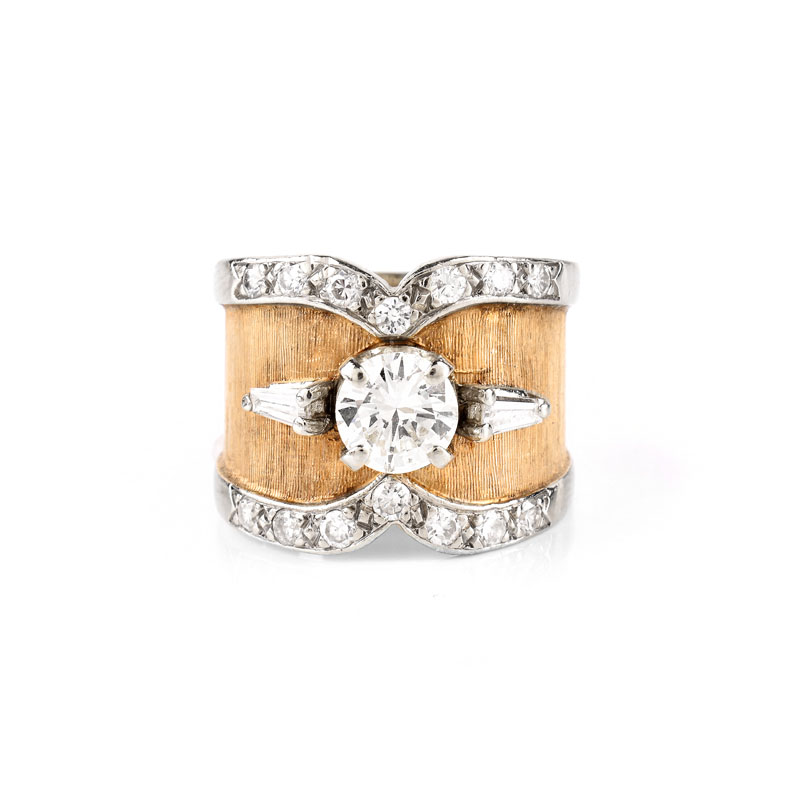 Vintage Diamond and 14 Karat Yellow Gold Engagement Ring Set in the Center with an Approx. 1.0 Carat Round Brilliant Cut Diamond.
