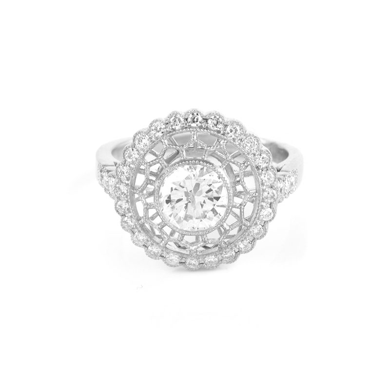 Art Deco style Approx. 1.36 Carat TW Diamond and Platinum Ring set in the Center with a 1.02 Carat Round Brilliant Cut Diamond.