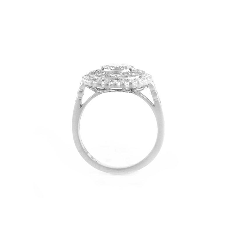 Art Deco style Approx. 1.36 Carat TW Diamond and Platinum Ring set in the Center with a 1.02 Carat Round Brilliant Cut Diamond.