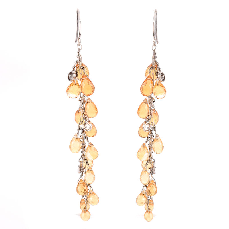 Briolette Cut Topaz and 14 Karat White Gold Chandelier Earrings. Very good condition.