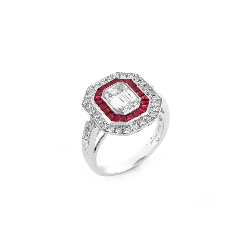 Art Deco style Approx. 1.56 Carat TW Diamond, .60 Carat Ruby and Platinum Ring set in the Center with a 1.21 Carat Emerald Cut Diamond.