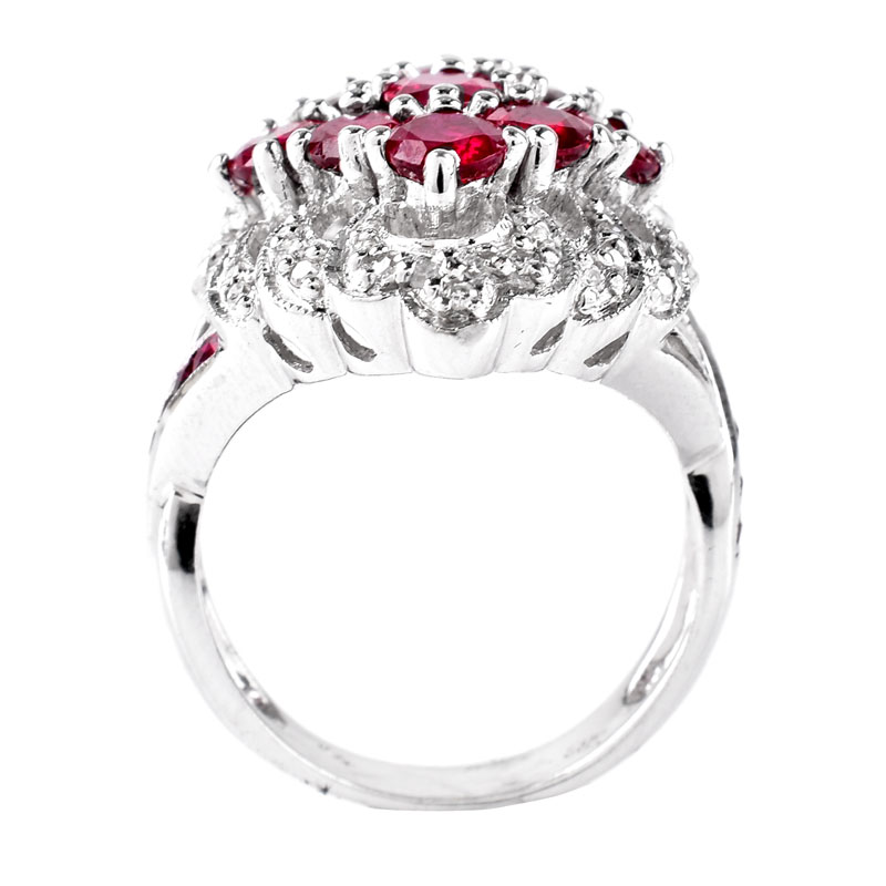 Approx. 4.50 Carat Oval Cut Ruby, 2.26 Carat Pave Set Diamond and 14 Karat White Gold Ring. Rubies with vivid color. 