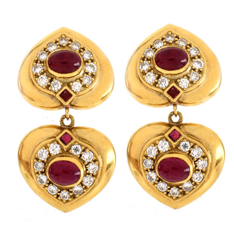 Vintage Cabochon Ruby, Pave Set Round Brilliant Cut Diamond and 14 Karat Yellow Gold Pendant Earrings. Diamonds D-E color, VS1 clarity. 