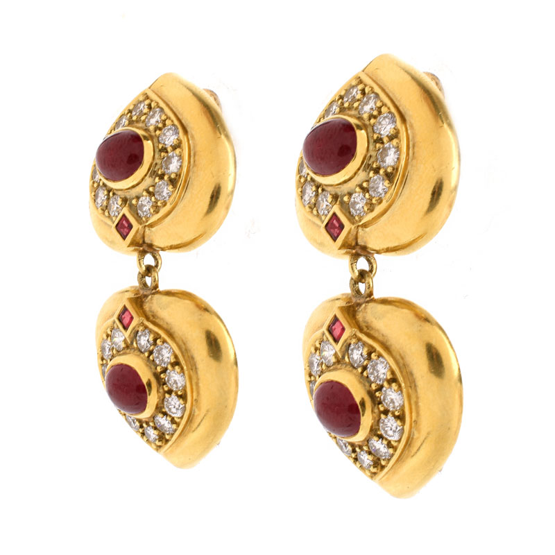 Vintage Cabochon Ruby, Pave Set Round Brilliant Cut Diamond and 14 Karat Yellow Gold Pendant Earrings. Diamonds D-E color, VS1 clarity. 