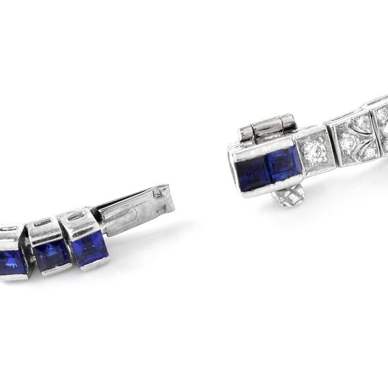 Vintage Art Deco style Approx. 4.0 Carat Square Cut Sapphire, 1.0 Carat Diamond and Platinum Line Bracelet. Sapphires with vivid color. Stamped Platinum.