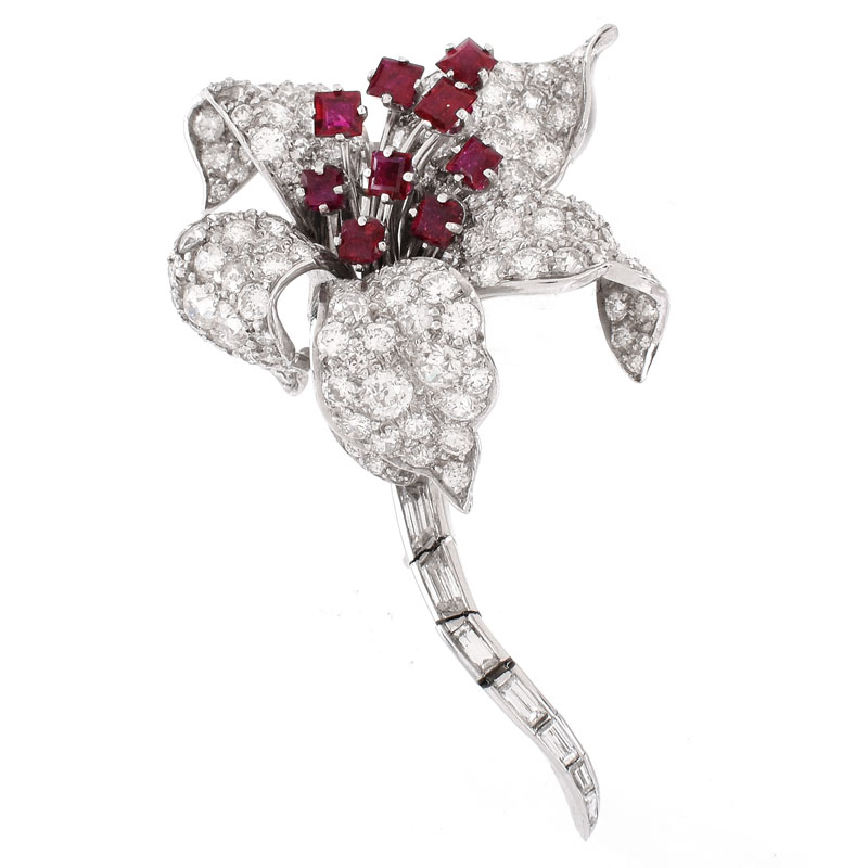 Vintage David Webb Approx. 6.50 Carat Pave Set Round Brilliant and Baguette Cut Diamond, Square Cut Ruby and Platinum Flower Brooch with Articulated Stem. 