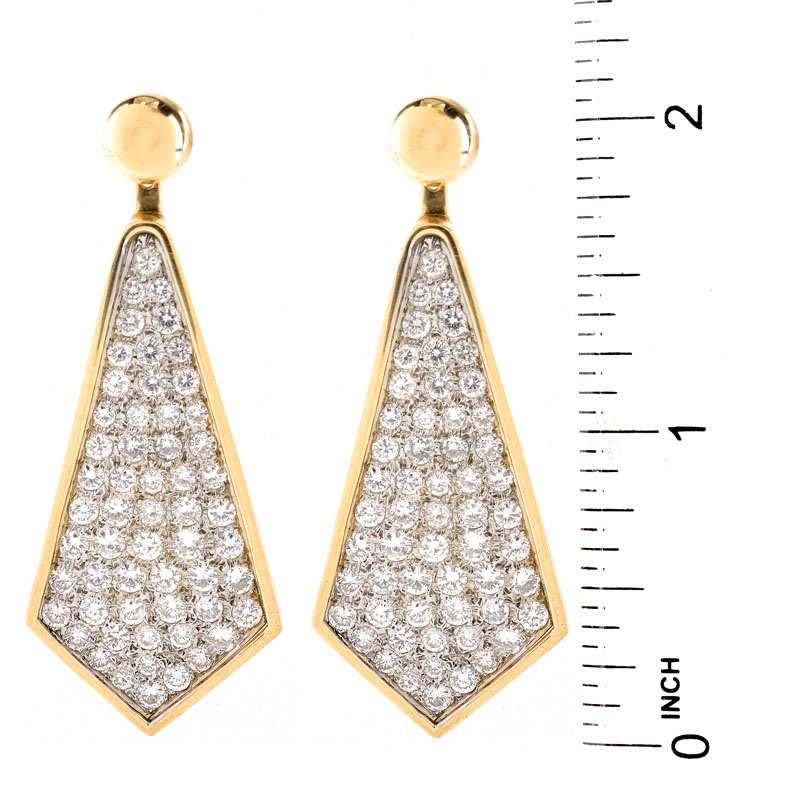 Contemporary Approx. 5.70 Carat Pave Set Round Brilliant Cut Diamond and 14 Karat Yellow Gold Pendant Earrings. Diamonds F color, VS clarity. 