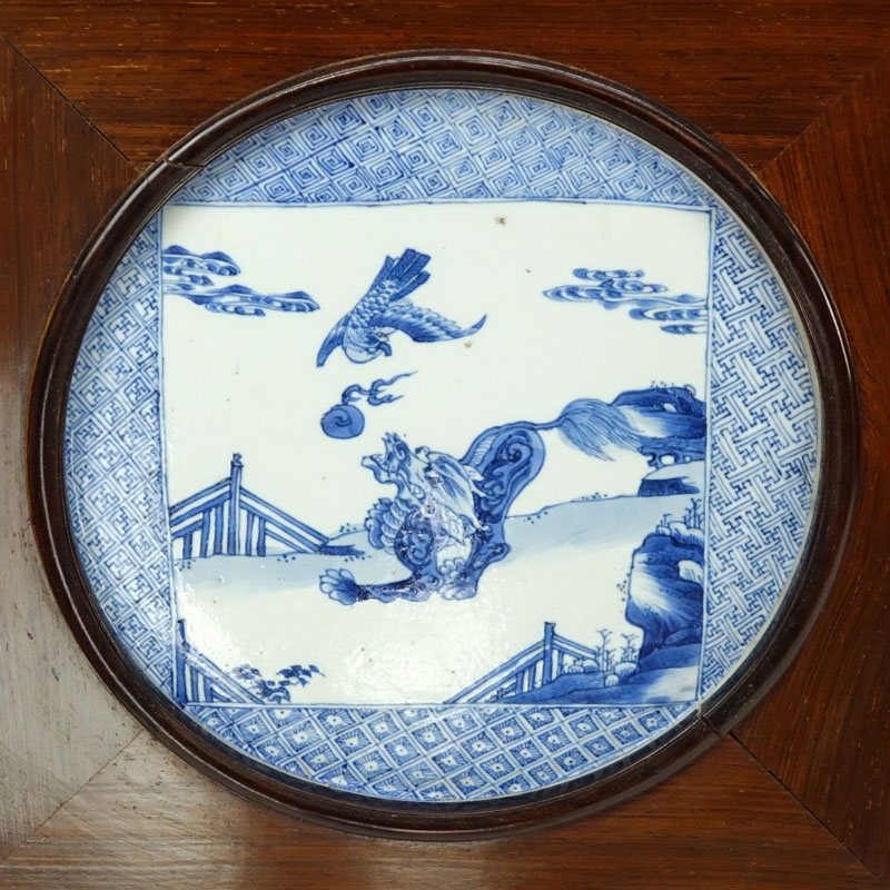 Chinese Qing Dynasty Style, Blue and White Porcelain Plaques in Hardwood Frame. 