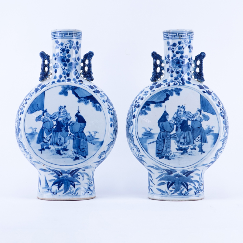 Pair of 19th Century Chinese Blue and White Porcelain Moon Flasks / Vases.