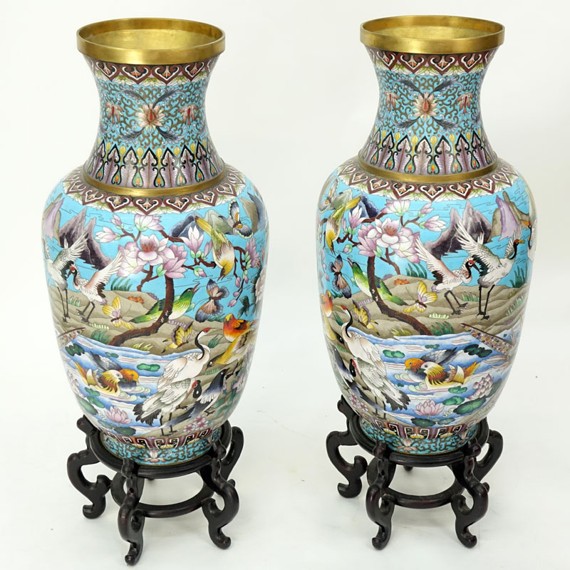 Pair of Large Chinese Cloisonné Vases. Various birds, butterfly, and flower motif. 