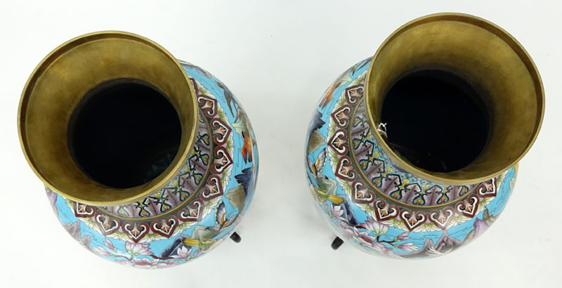 Pair of Large Chinese Cloisonné Vases. Various birds, butterfly, and flower motif. 