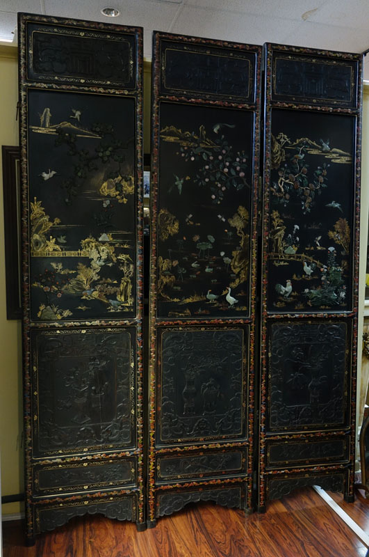 Important Palace-Size Late 19th or Early 20th Century Chinese Black Lacquer Wood, Deep Relief Carved Six Panel Screen Inlaid with Jade, Carnelian, and Rose Quartz. 