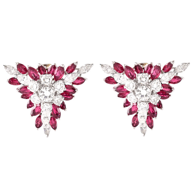 Vintage Circa 1960 Approx. 5.0 Carat Marquise and Oval Cut Ruby, 3.75 Carat Round Brilliant and Marquise Cut Diamond and Platinum Earrings. 