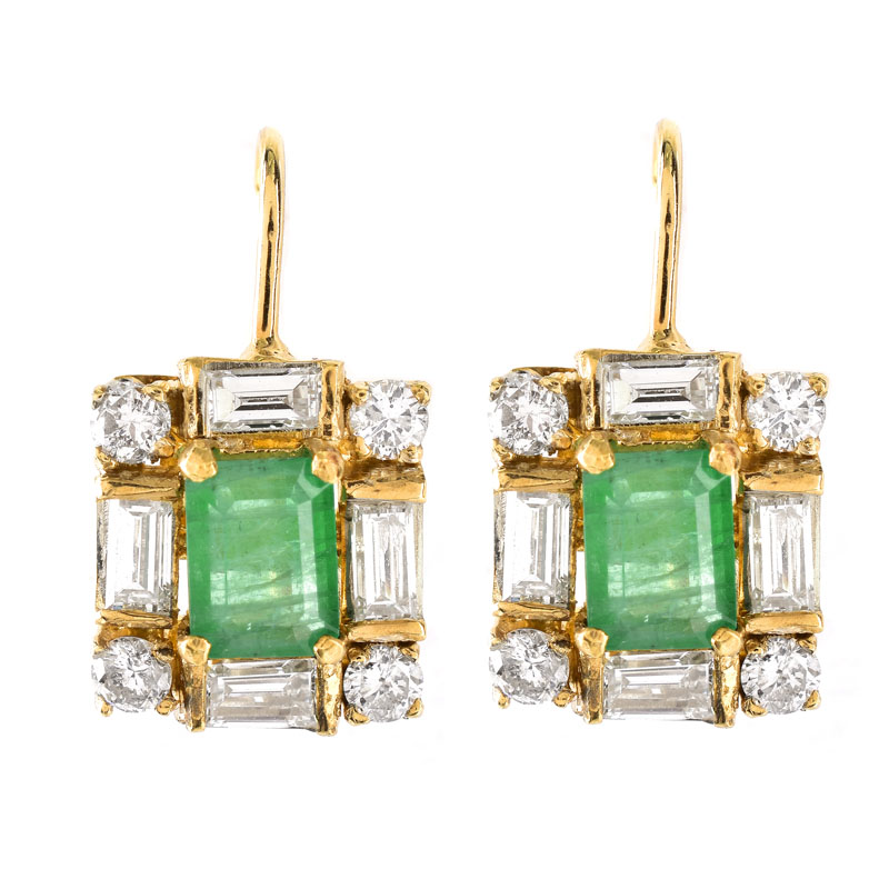 Vintage Approx. 2.50 Carat Emerald, 3.0 Carat Round Brilliant and Baguette Cut Diamond and 18 Karat Yellow Gold Earrings, Ring and Pendant Suite. 