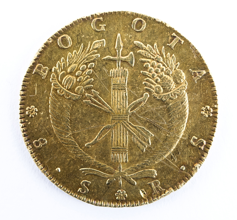 1834 Colombian Gold 8 Escudos. Bogota Mint. Bust facing left/Crossed bow & arrows on fasces. Some Wear. Weighs approx. 27 grams.
