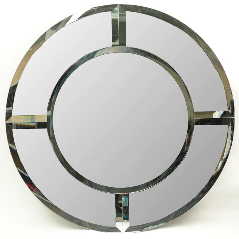 Late 20th Century Karl Springer Style "Saturn" Beveled Mirror. Good condition. Measures 42" Dia. 