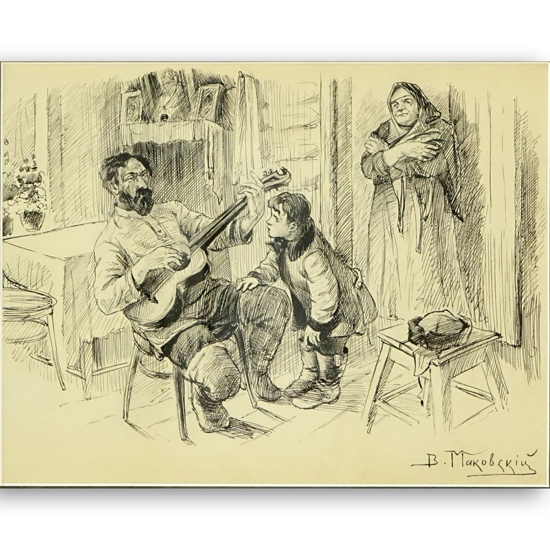Attributed to: Vladimir Egorovich Makovsky, Russian (1846-1920) Pen and Ink, Genre Scene.