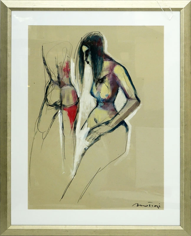 20th Century European School Ink and Gouache On Paper "Male and Female Nudes". Bears signature Possibly Martini?. 