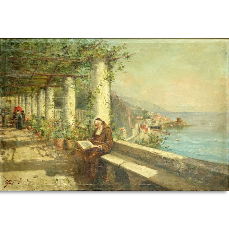 Edwardo Scognamiglio, Italian (19/20th century) Oil on Canvas, Monk Reading on a Terrace in Sorrento, Signed 'E.Scognamiglio' Lower Left. 