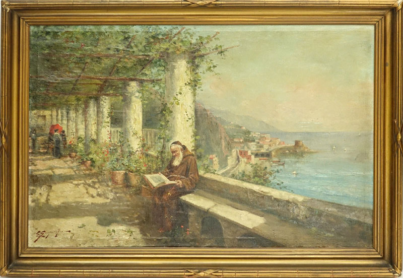 Edwardo Scognamiglio, Italian (19/20th century) Oil on Canvas, Monk Reading on a Terrace in Sorrento, Signed 'E.Scognamiglio' Lower Left. 